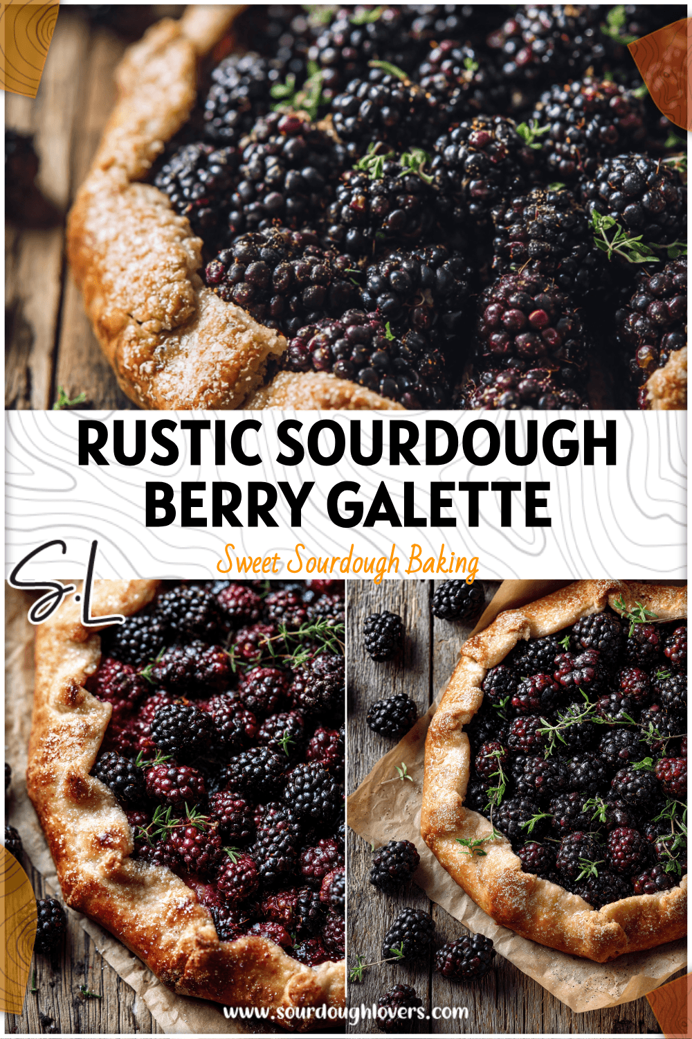 Rustic sourdough blackberry galette topped with juicy blackberries and golden flaky crust on a wooden table.